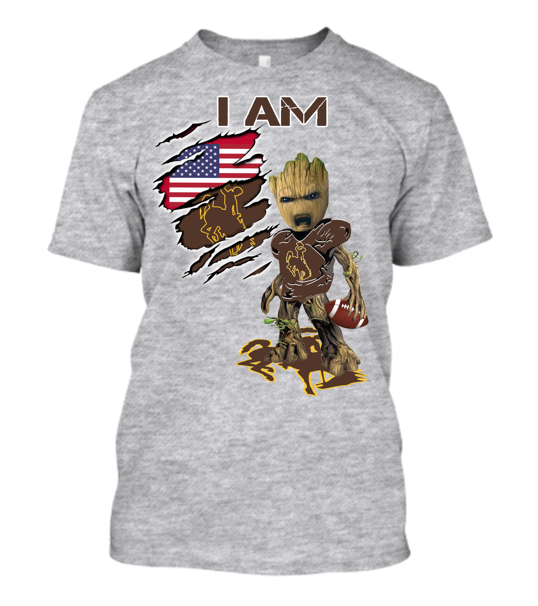 I AM Wyoming Baby Groot Football American Flag Cowboy T-Shirt
