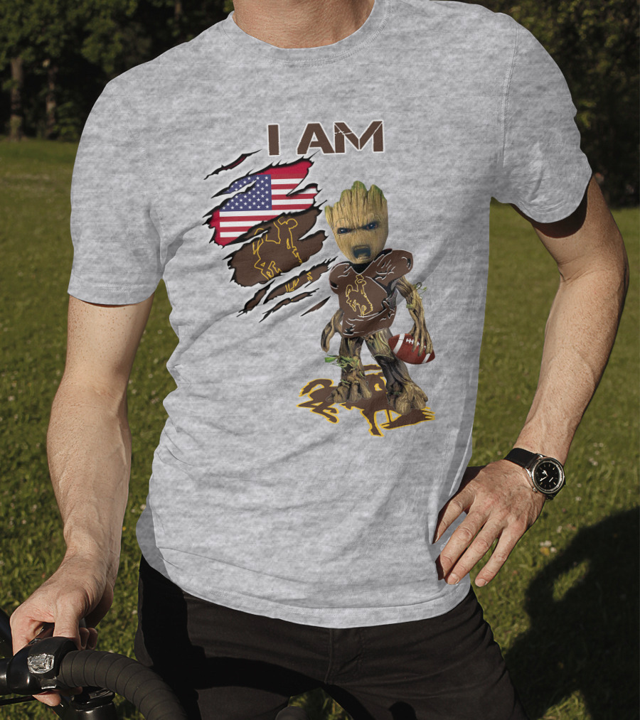 I AM Wyoming Baby Groot Football American Flag Cowboy T-Shirt