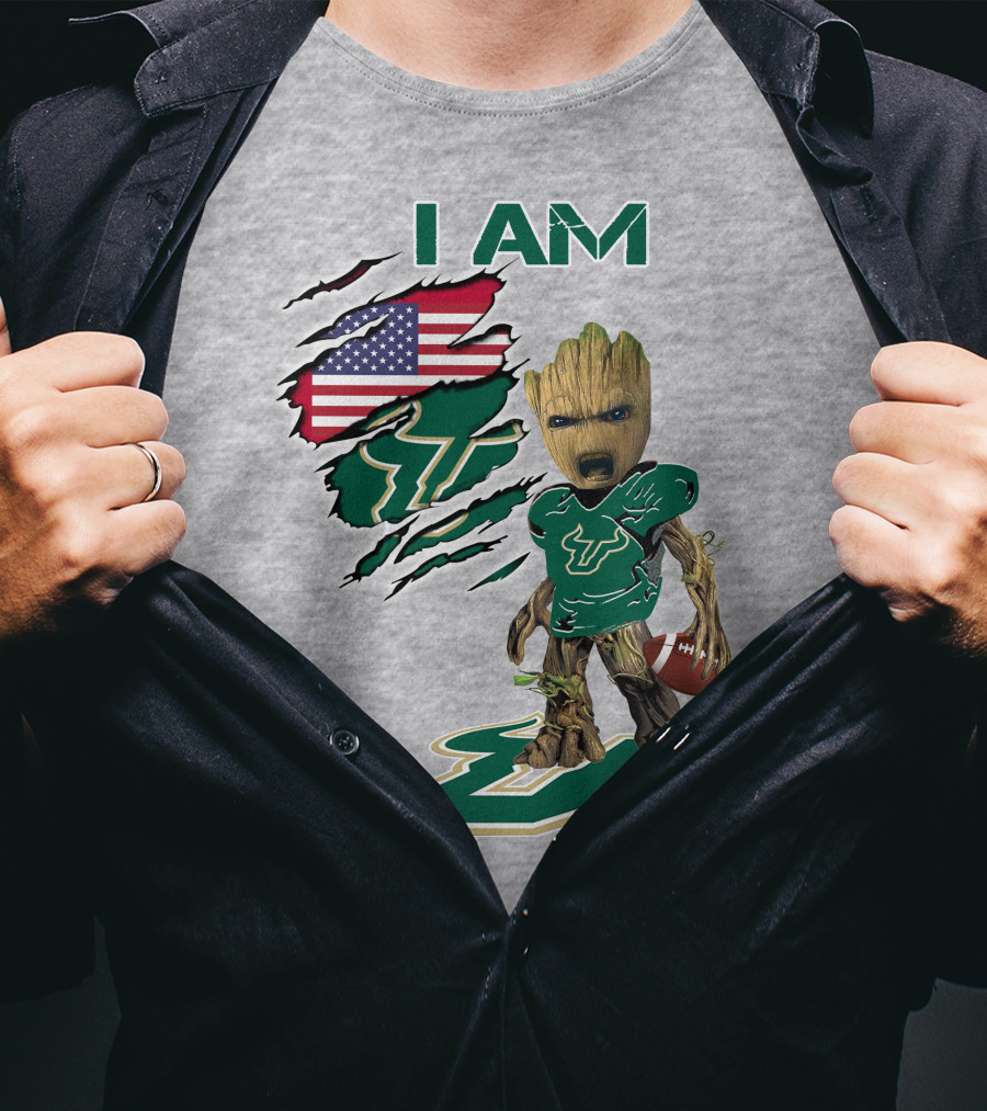 I AM USF Baby Groot Football American Flag T-Shirt