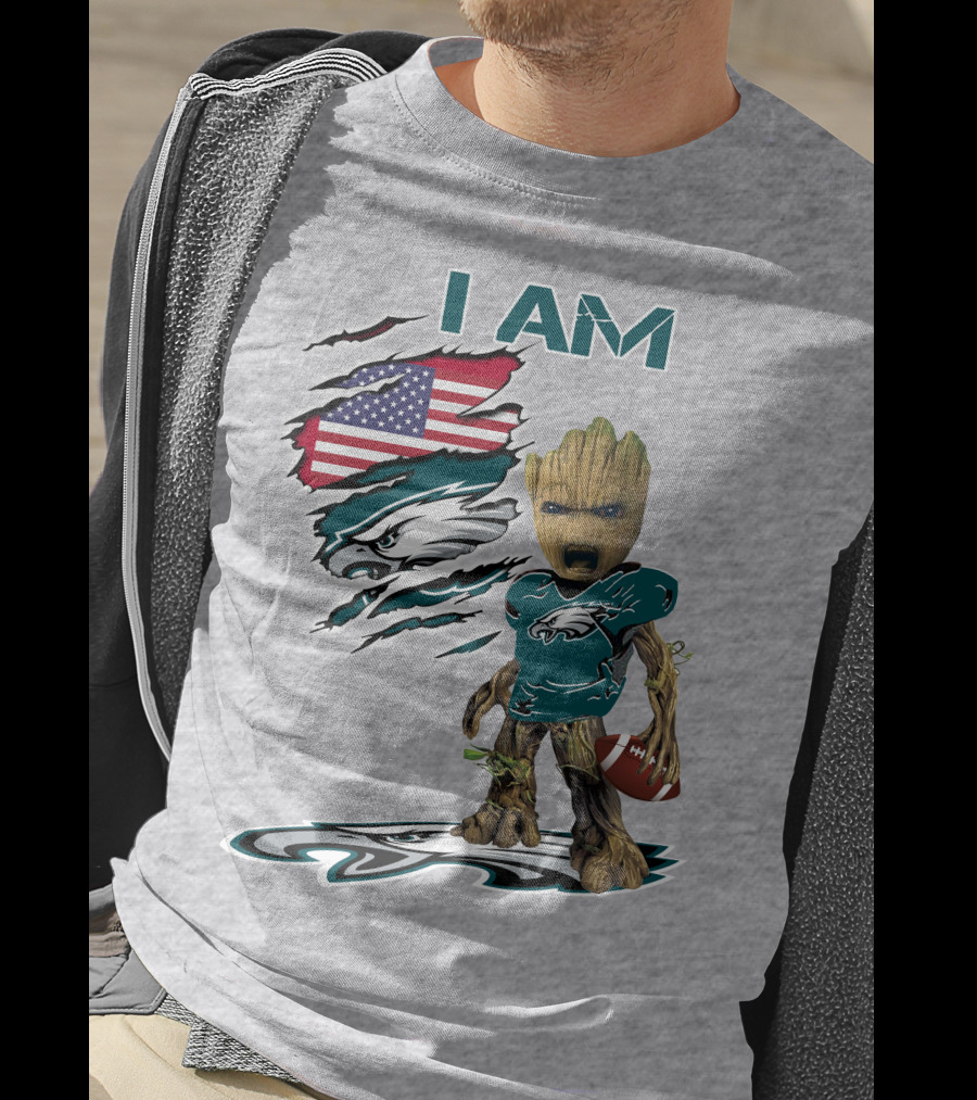 I Am Eagles Baby Groot Football American Flag T-Shirt
