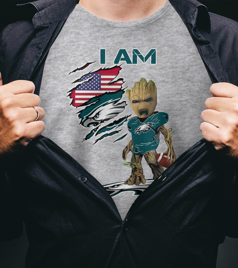 I Am Eagles Baby Groot Football American Flag T-Shirt