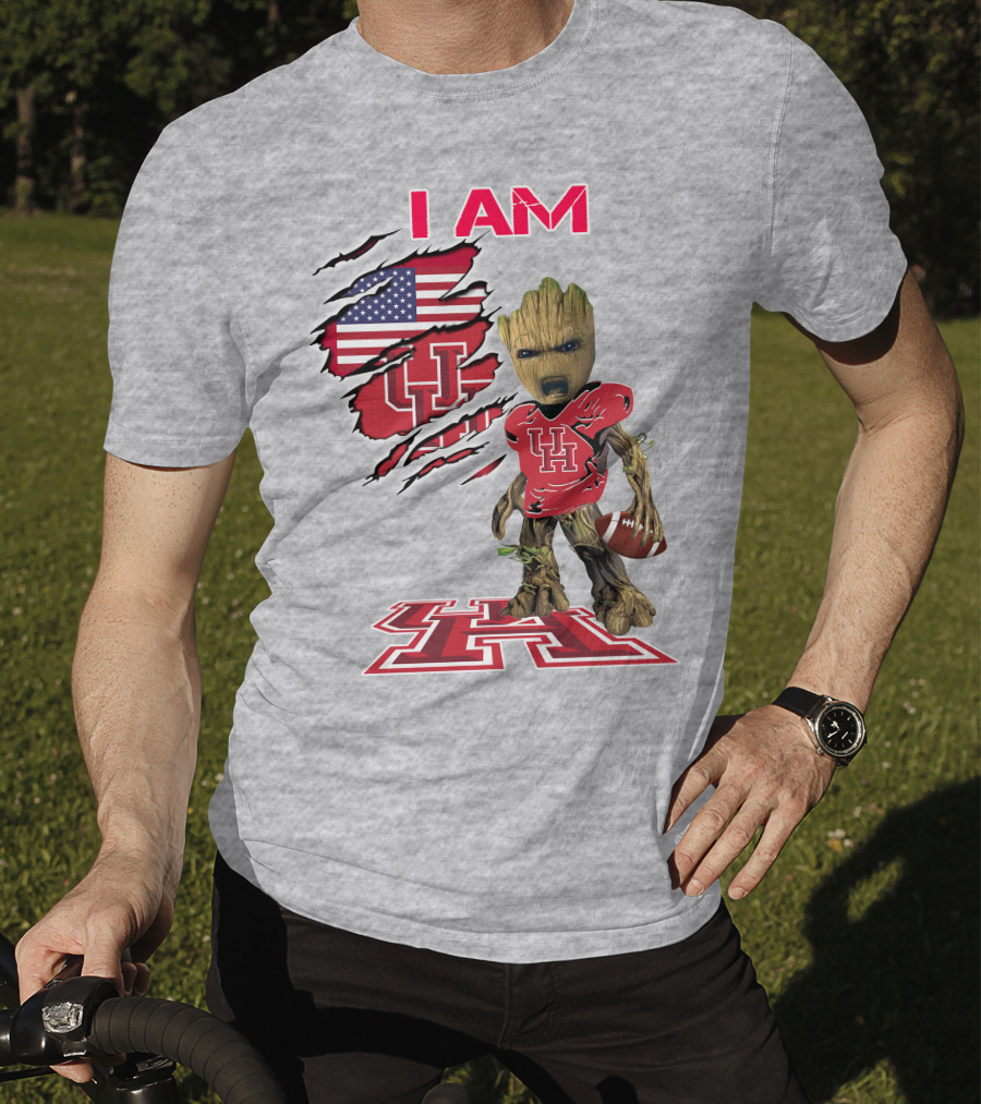 I AM Houtons Baby Groot UH Football American Flag Background T-Shirt