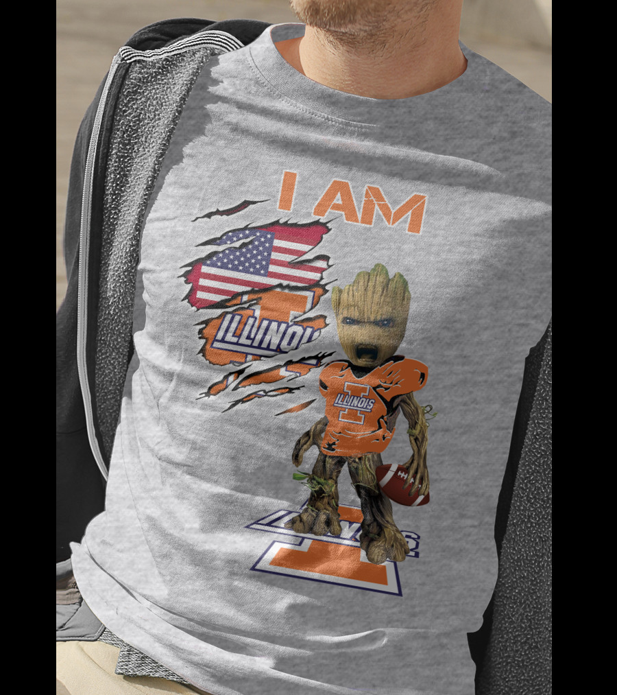 I AM Illinois Baby Groot Football American Flag T-Shirt