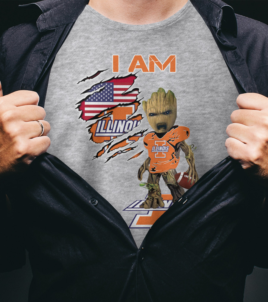 I AM Illinois Baby Groot Football American Flag T-Shirt