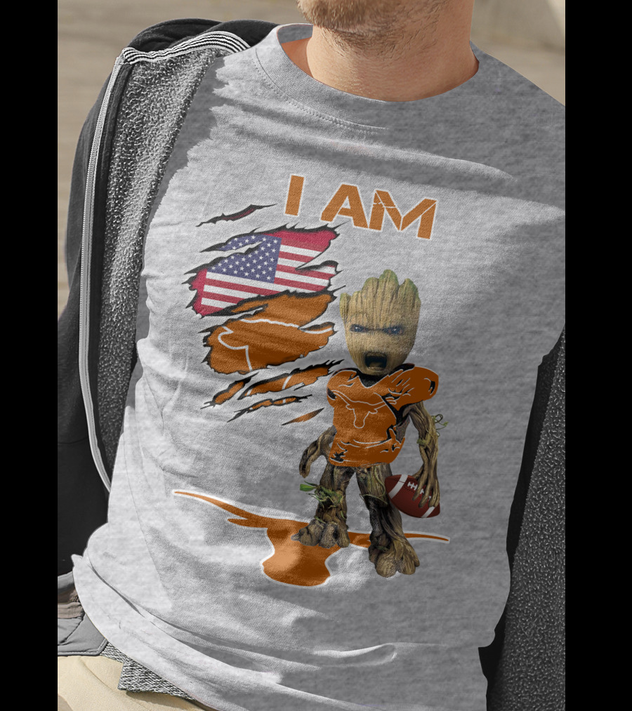 I AM Longhorn Baby Groot Football USA Flag T-Shirt