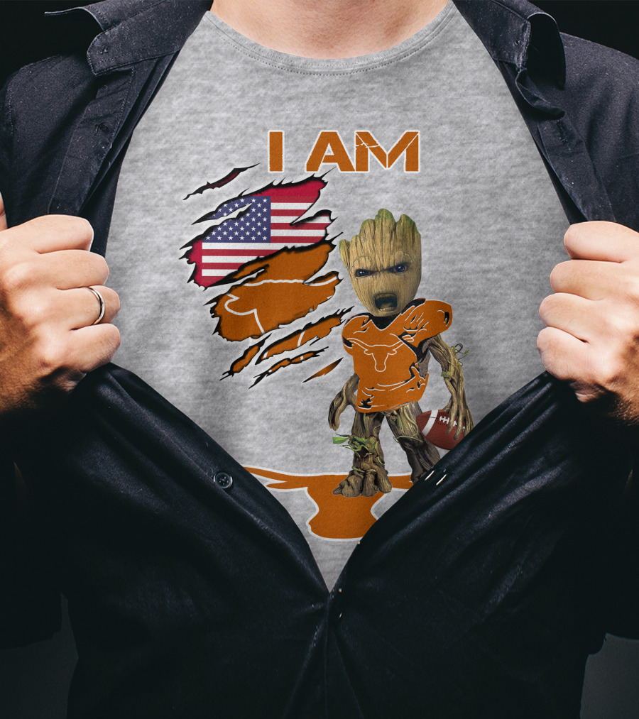 I AM Longhorn Baby Groot Football USA Flag T-Shirt