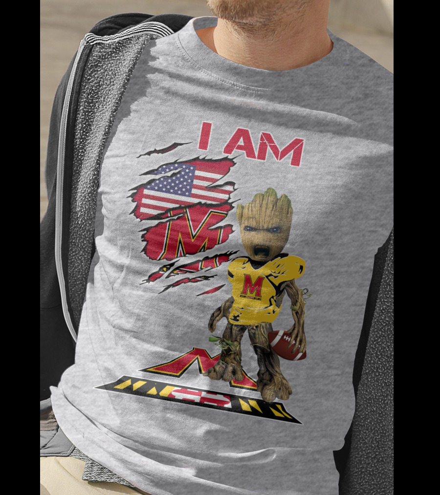 I AM Baby Groot Maryland Football American Flag M T-Shirt