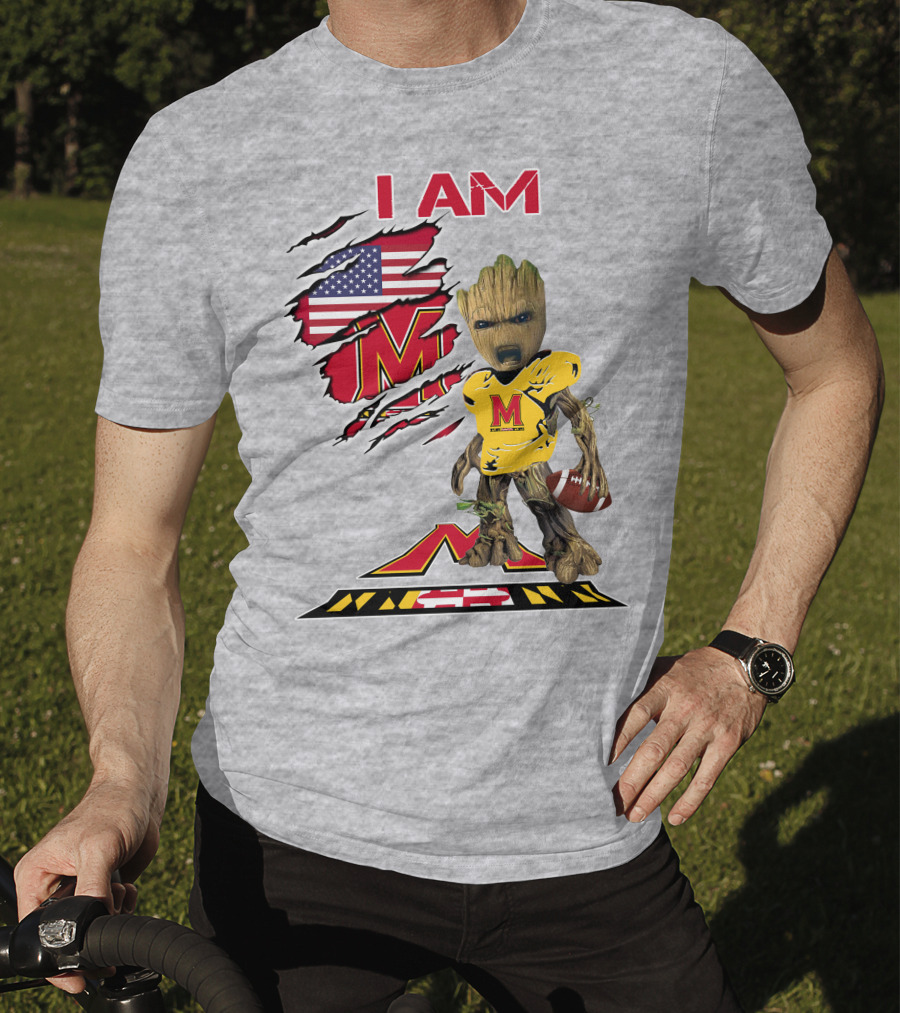 I AM Baby Groot Maryland Football American Flag M T-Shirt
