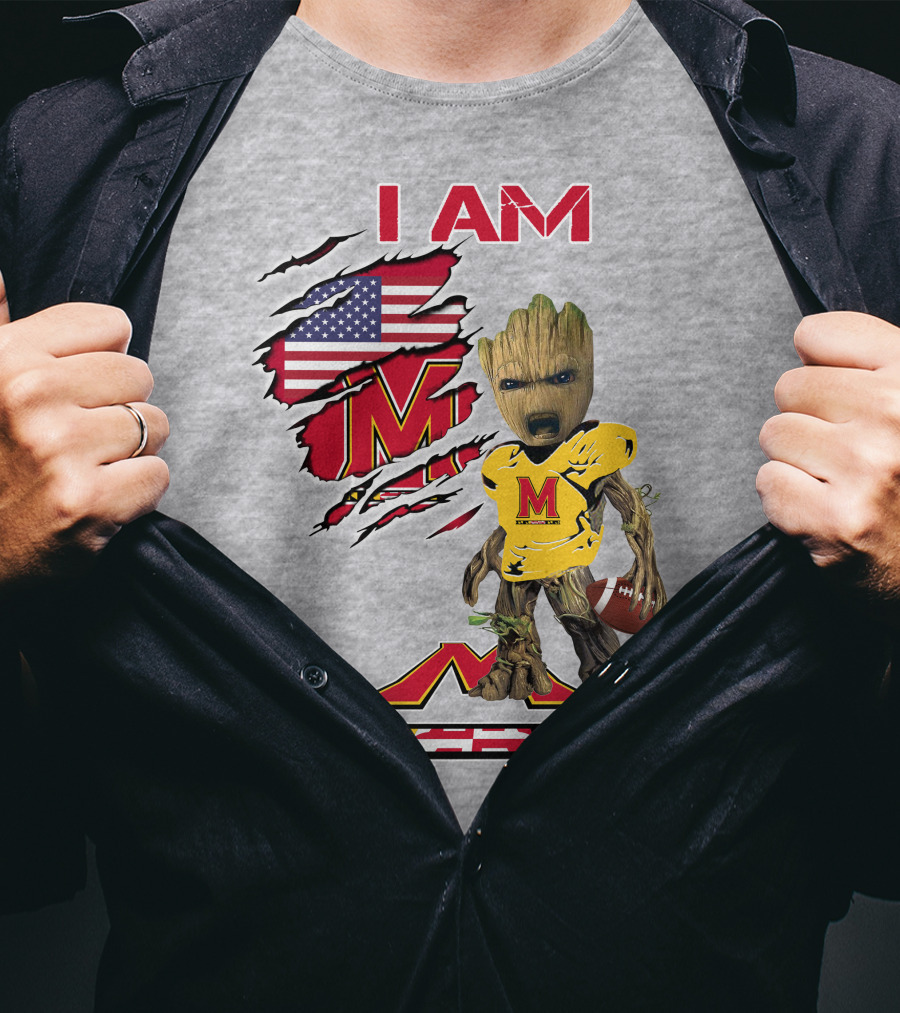 I AM Baby Groot Maryland Football American Flag M T-Shirt