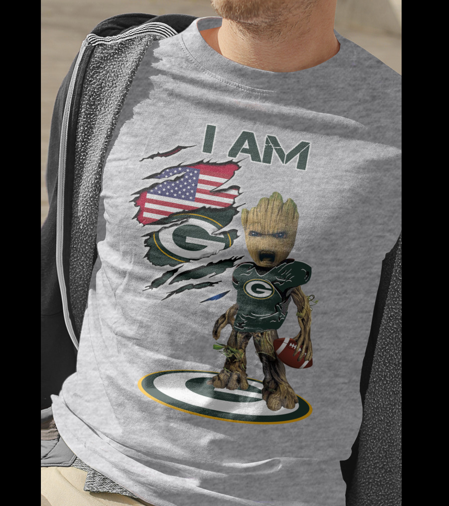 I Am Packers Baby Groot American Flag Football T-Shirt