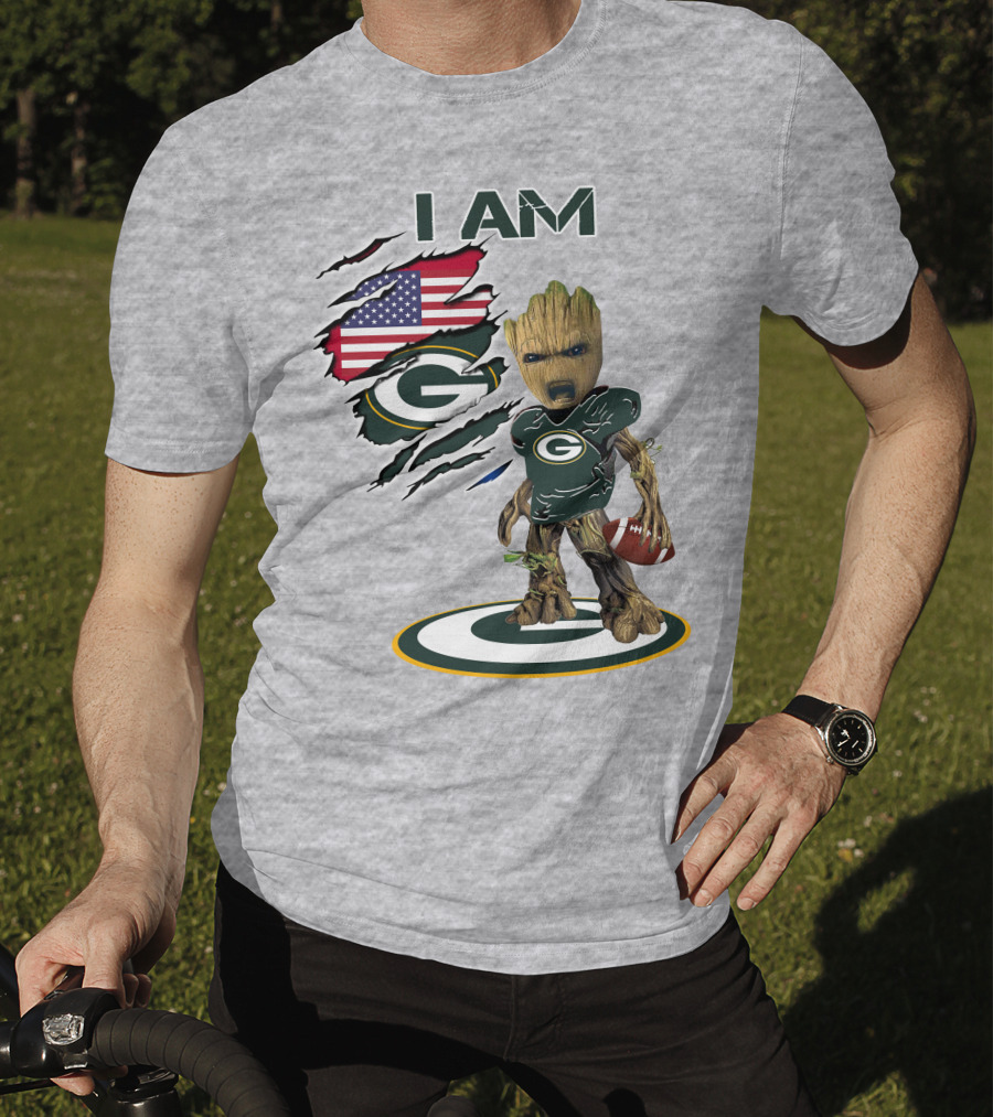 I Am Packers Baby Groot American Flag Football T-Shirt