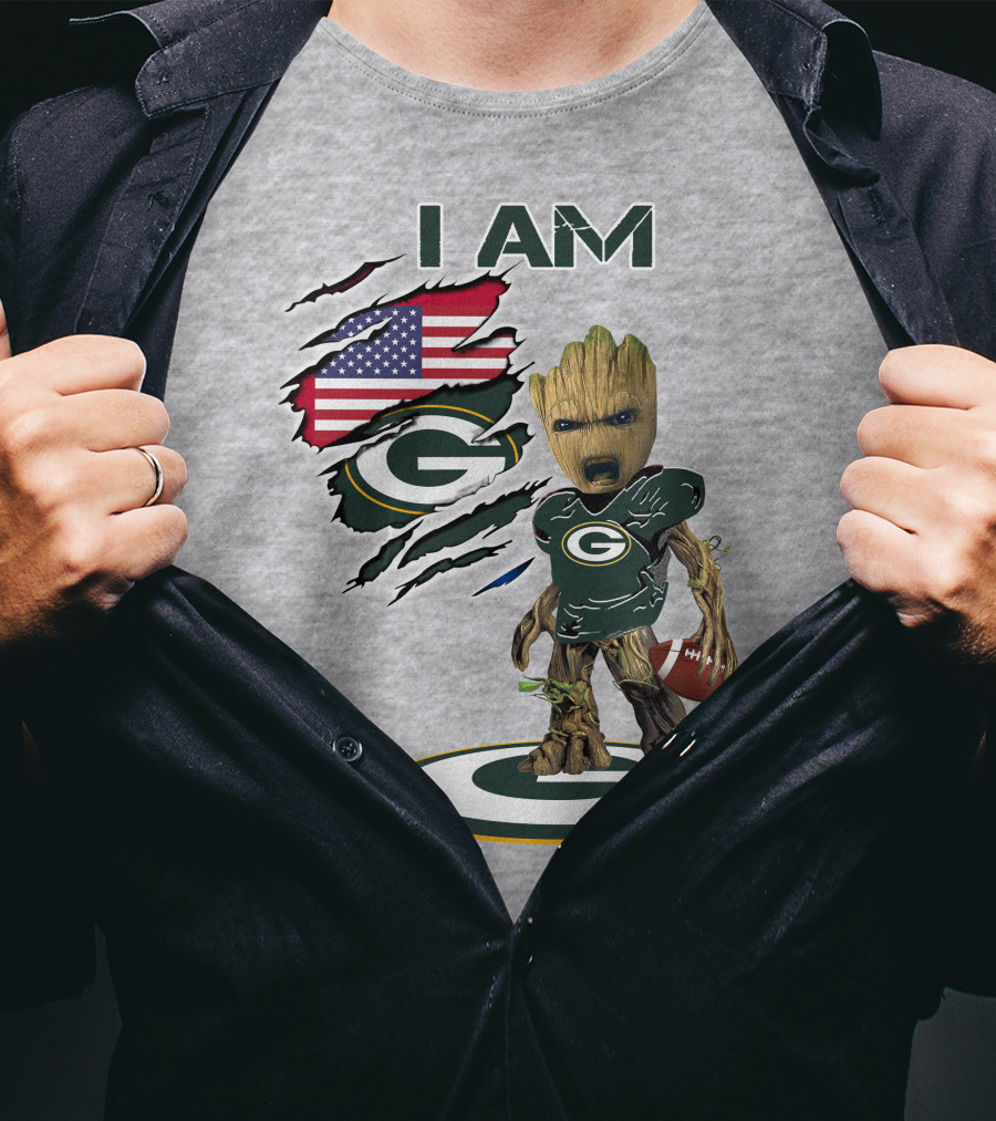 I Am Packers Baby Groot American Flag Football T-Shirt