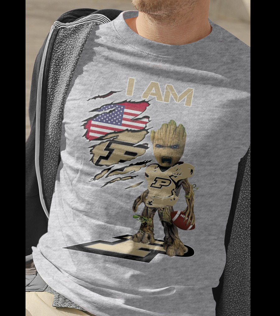 I AM Purdue Baby Groot Football American Flag P T-Shirt