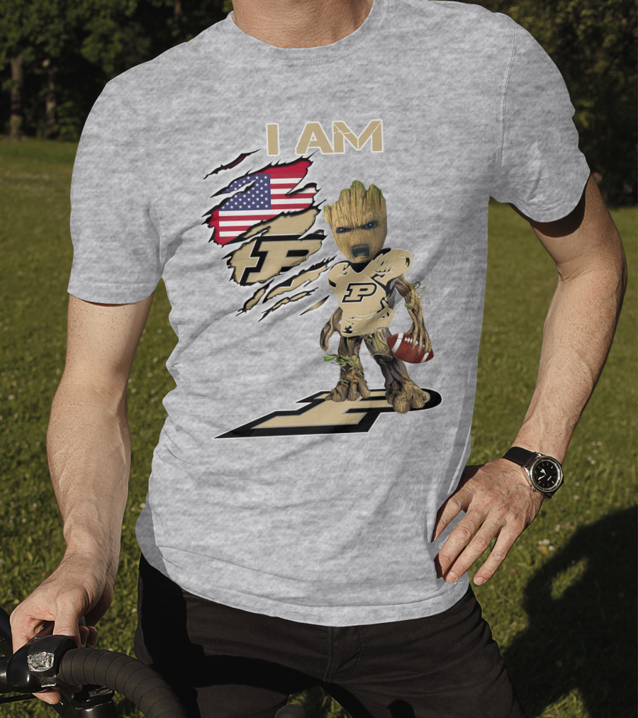 I AM Purdue Baby Groot Football American Flag P T-Shirt