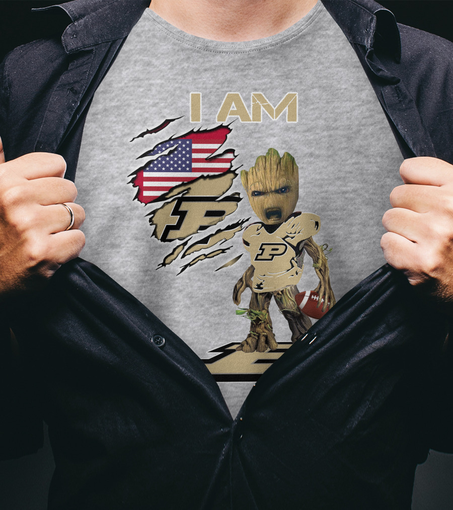 I AM Purdue Baby Groot Football American Flag P T-Shirt
