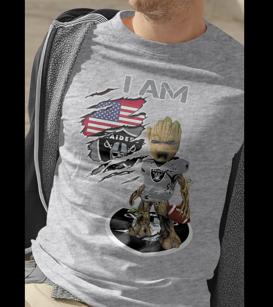 I Am Raiders Baby Groot American Flag Football T-Shirt