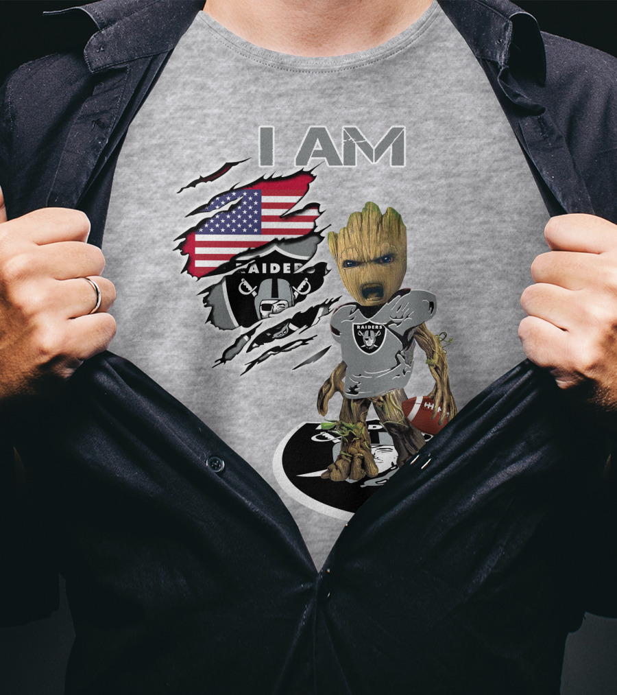 I Am Raiders Baby Groot American Flag Football T-Shirt