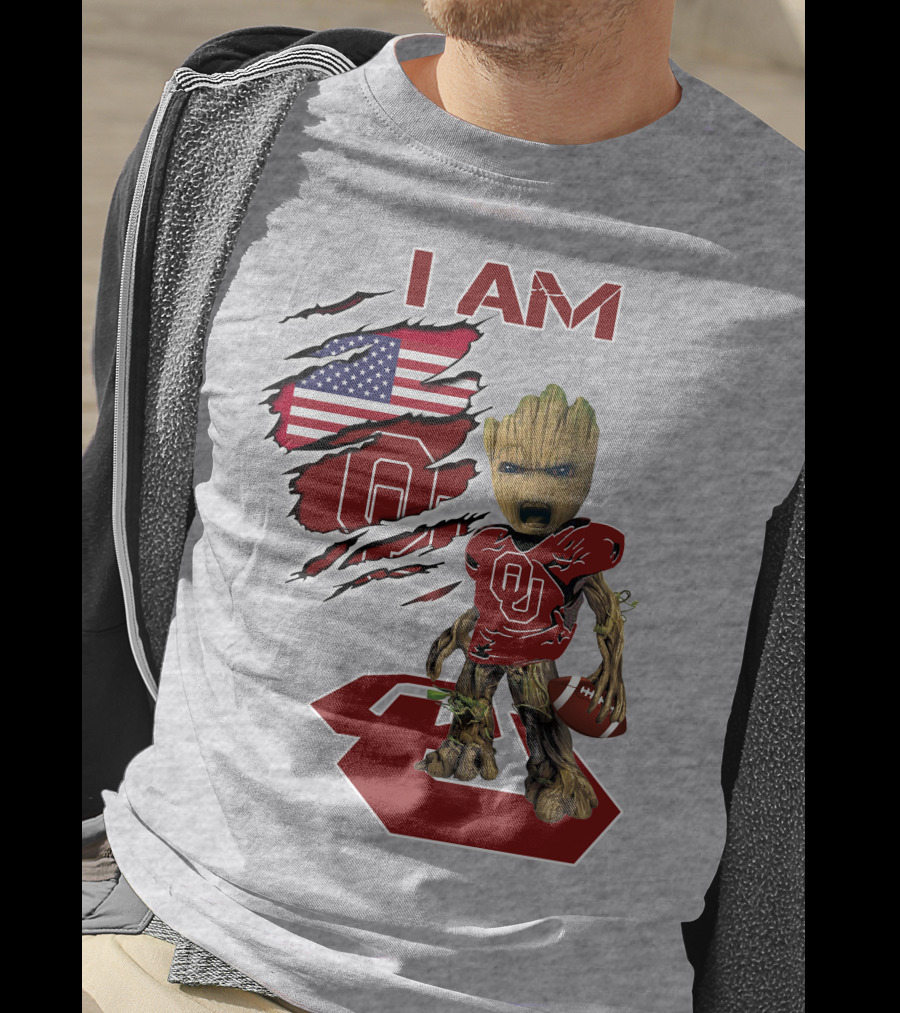 I Am Baby Groot OU Sooners Football USA Flag T-Shirt