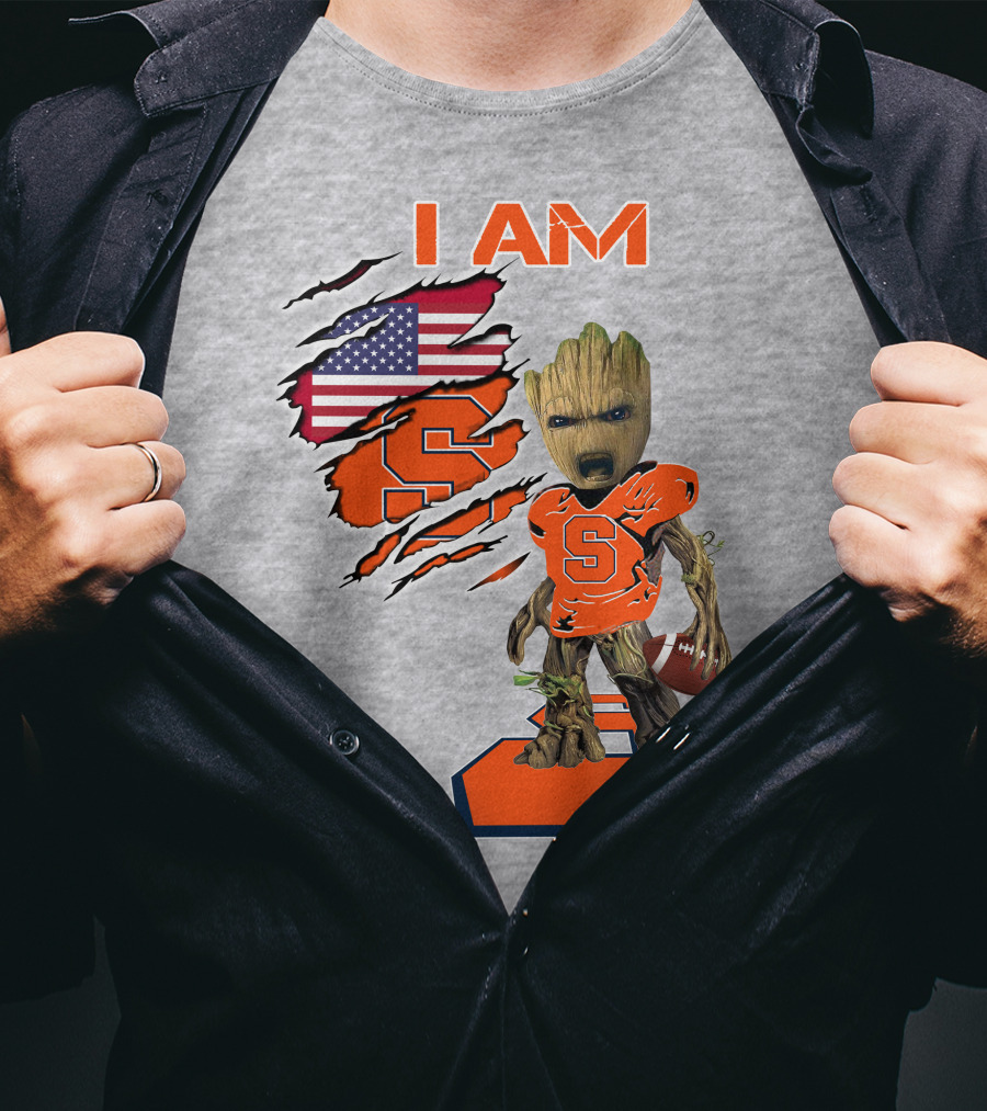 I Am Syracuse Baby Groot American Football Player With Flag And Orange S T-Shirt