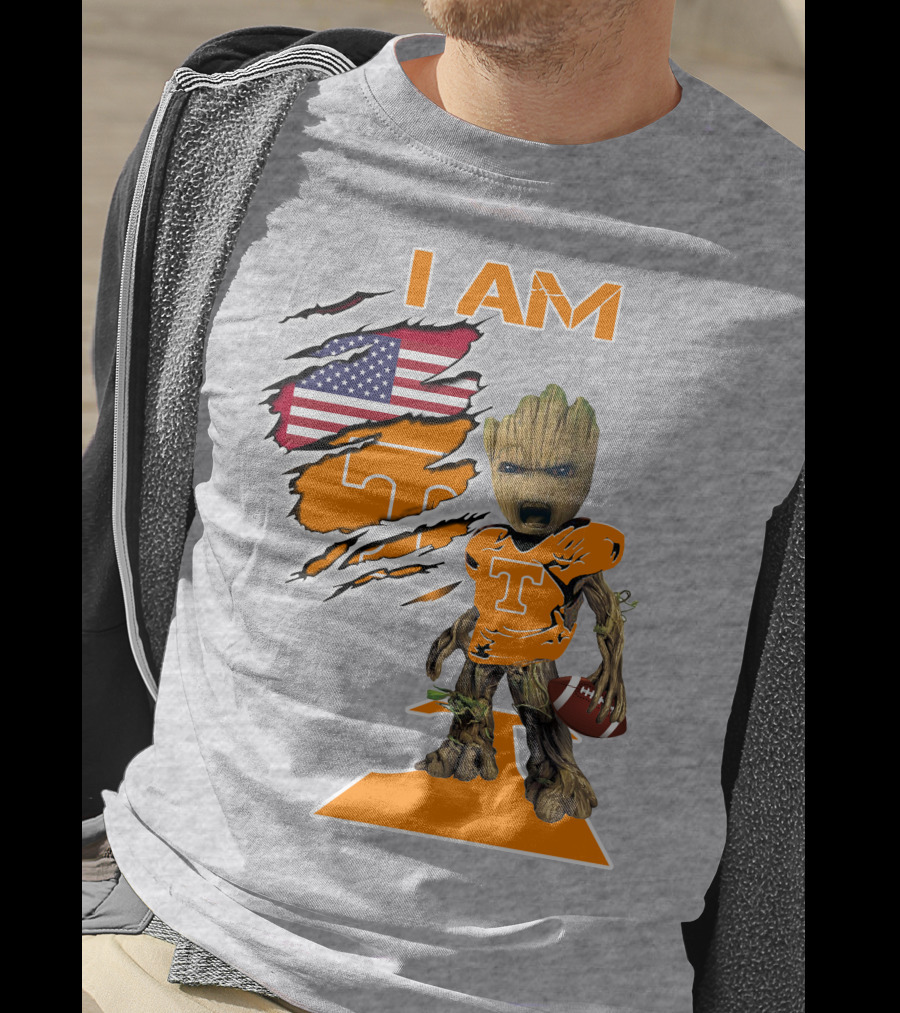 I AM Tennessee Baby Groot Football American Flag T-Shirt