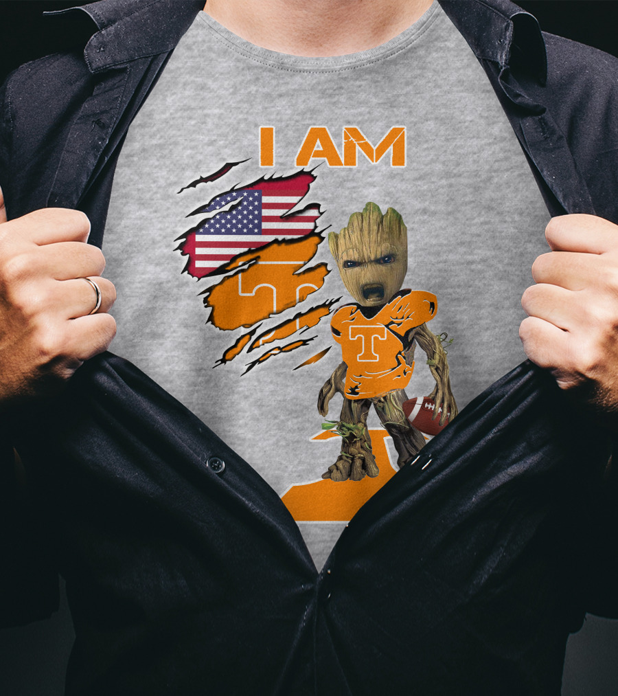 I AM Tennessee Baby Groot Football American Flag T-Shirt