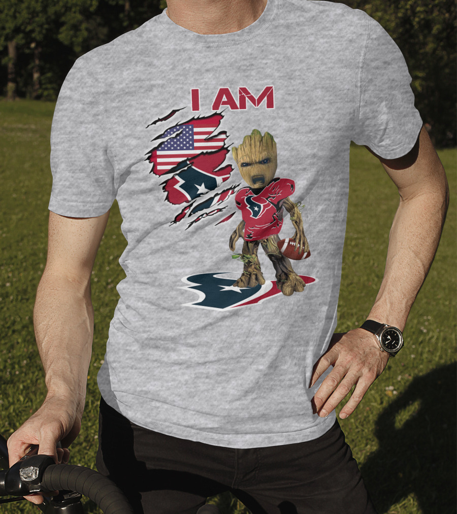 I Am Texans Baby Groot Football Usa Flag T-Shirt