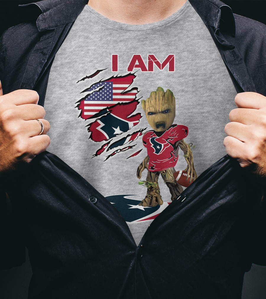 I Am Texans Baby Groot Football Usa Flag T-Shirt
