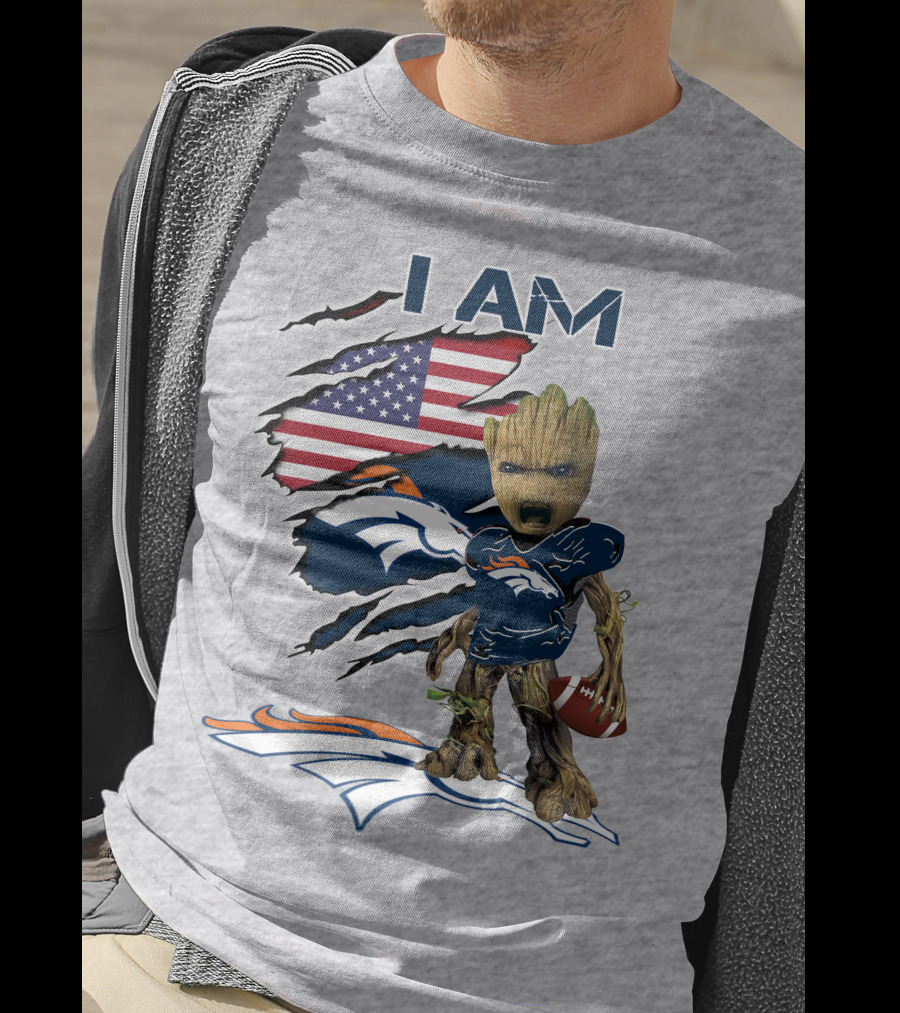 I Am Broncos Baby Groot American Flag Football T-Shirt
