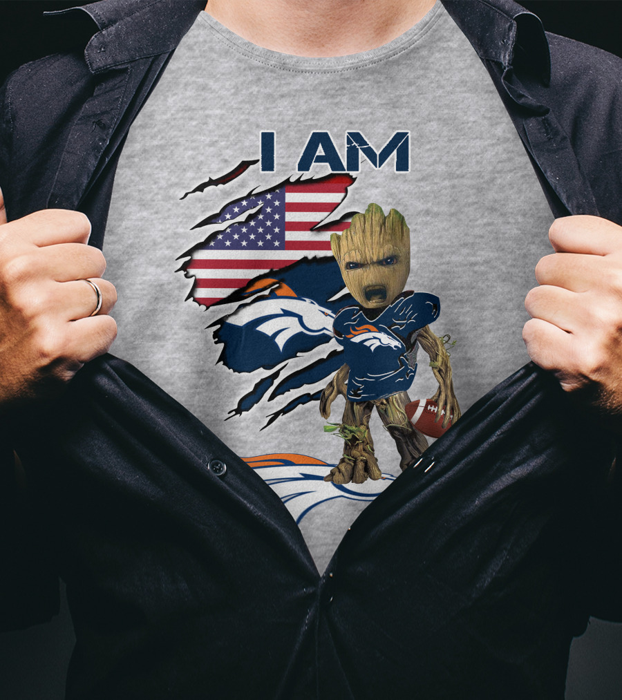 I Am Broncos Baby Groot American Flag Football T-Shirt