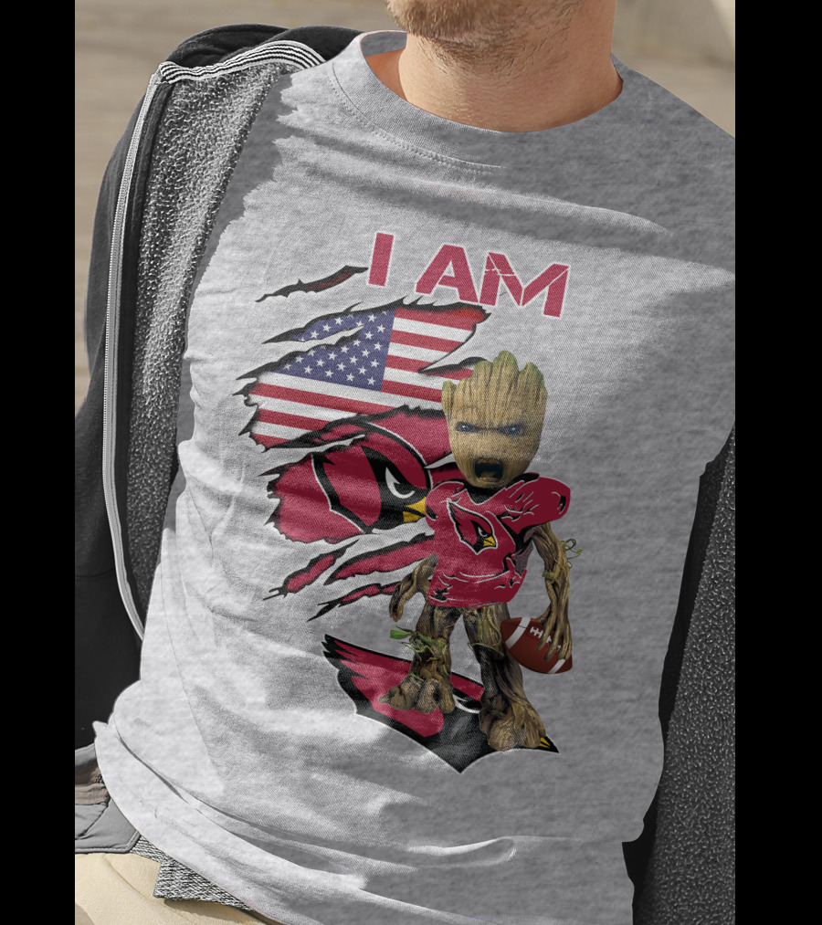 I Am Cardinals Baby Groot American Flag Football T-Shirt
