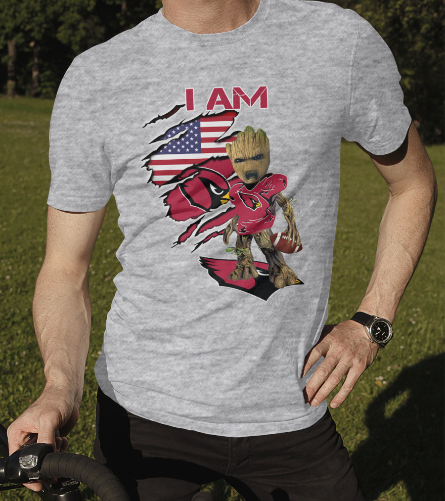 I Am Cardinals Baby Groot American Flag Football T-Shirt