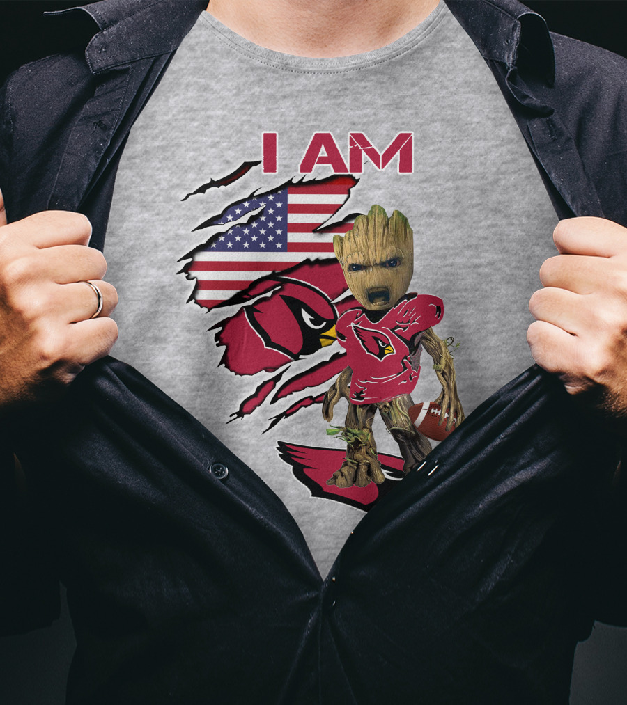 I Am Cardinals Baby Groot American Flag Football T-Shirt