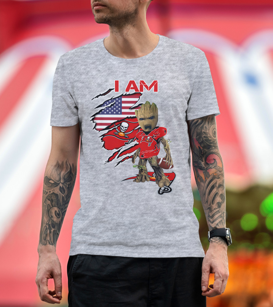 I Am Buc Baby Groot American Flag Football Buccaneers T-Shirt