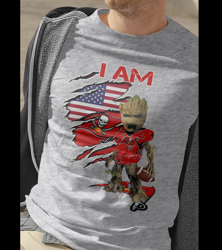 I Am Buc Baby Groot American Flag Football Buccaneers T-Shirt