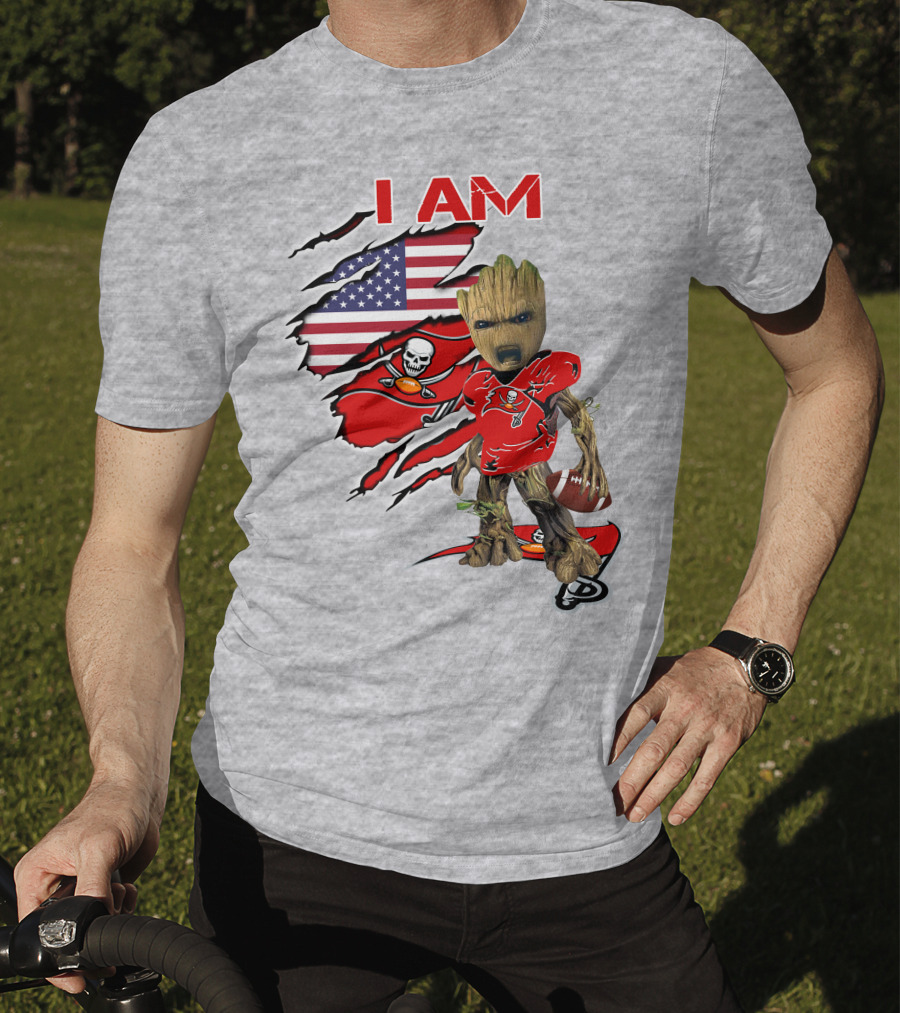 I Am Buc Baby Groot American Flag Football Buccaneers T-Shirt
