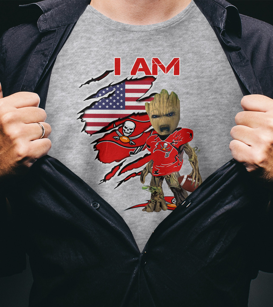 I Am Buc Baby Groot American Flag Football Buccaneers T-Shirt