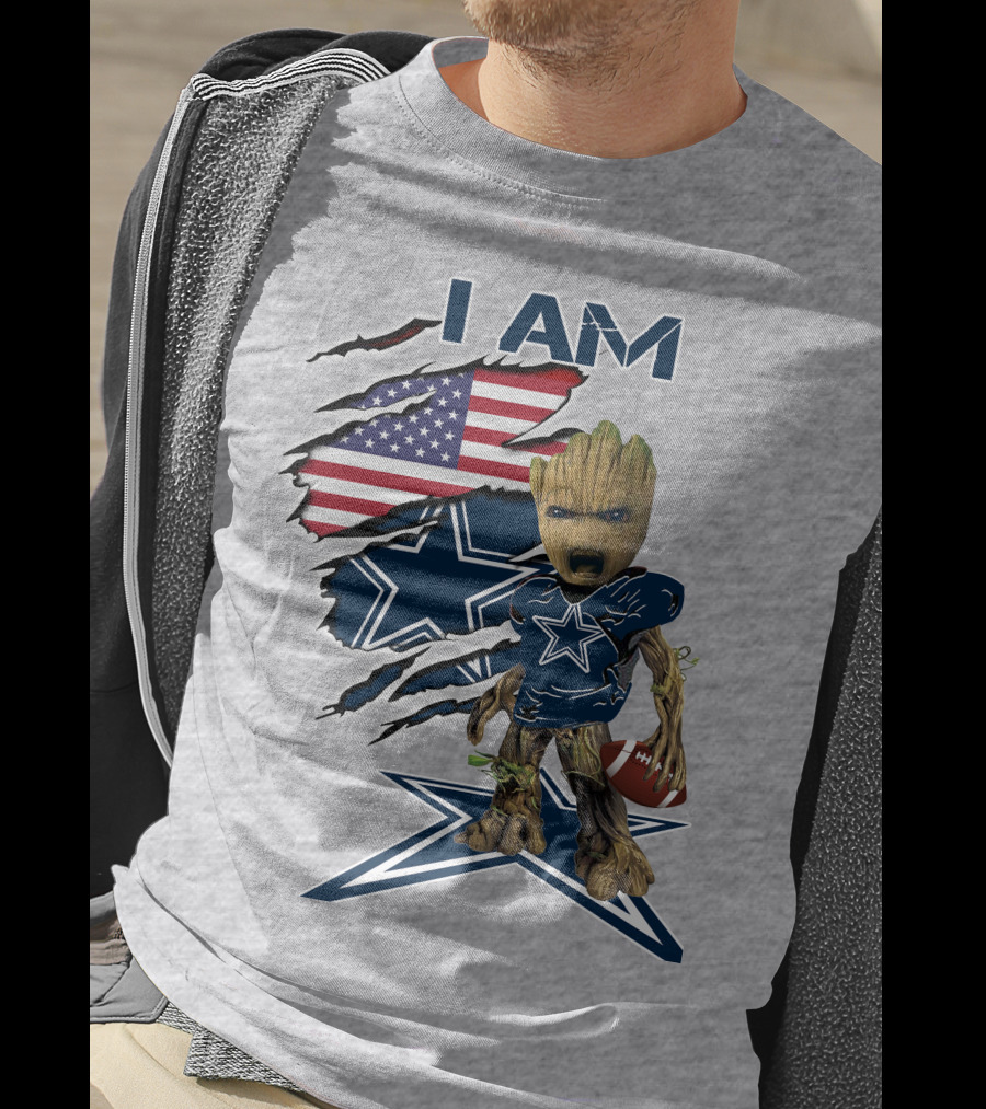I Am Baby Groot Cowboys Fan With American Flag And Football T-Shirt