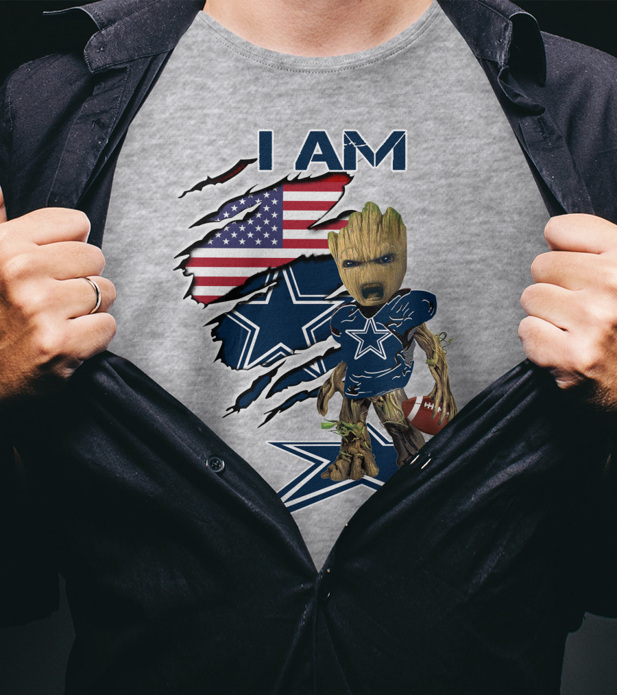I Am Baby Groot Cowboys Fan With American Flag And Football T-Shirt