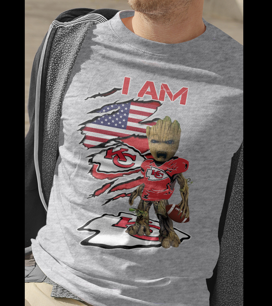 I Am Chiefs Baby Groot Kansas City Football American Flag T-Shirt