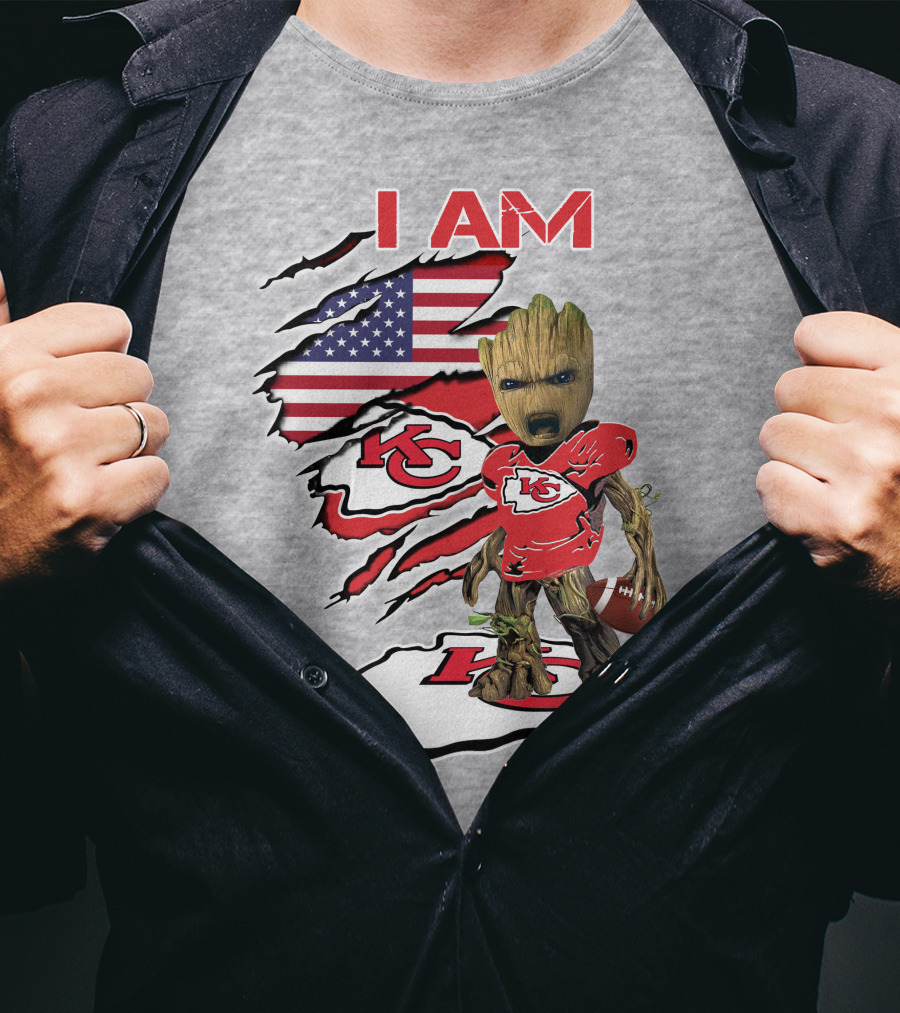 I Am Chiefs Baby Groot Kansas City Football American Flag T-Shirt
