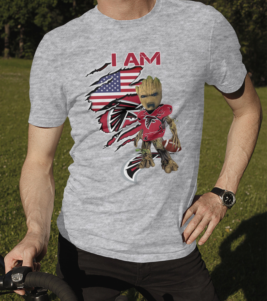 I Am Falcons Baby Groot Usa Flag Football T-Shirt