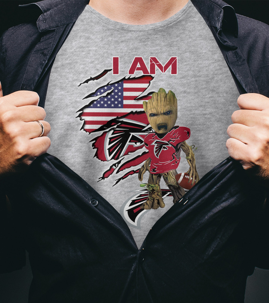 I Am Falcons Baby Groot Usa Flag Football T-Shirt