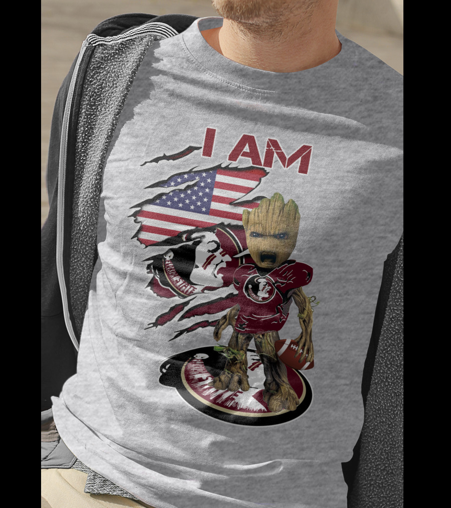 I AM Florida State Baby Groot Football American Flag T-Shirt