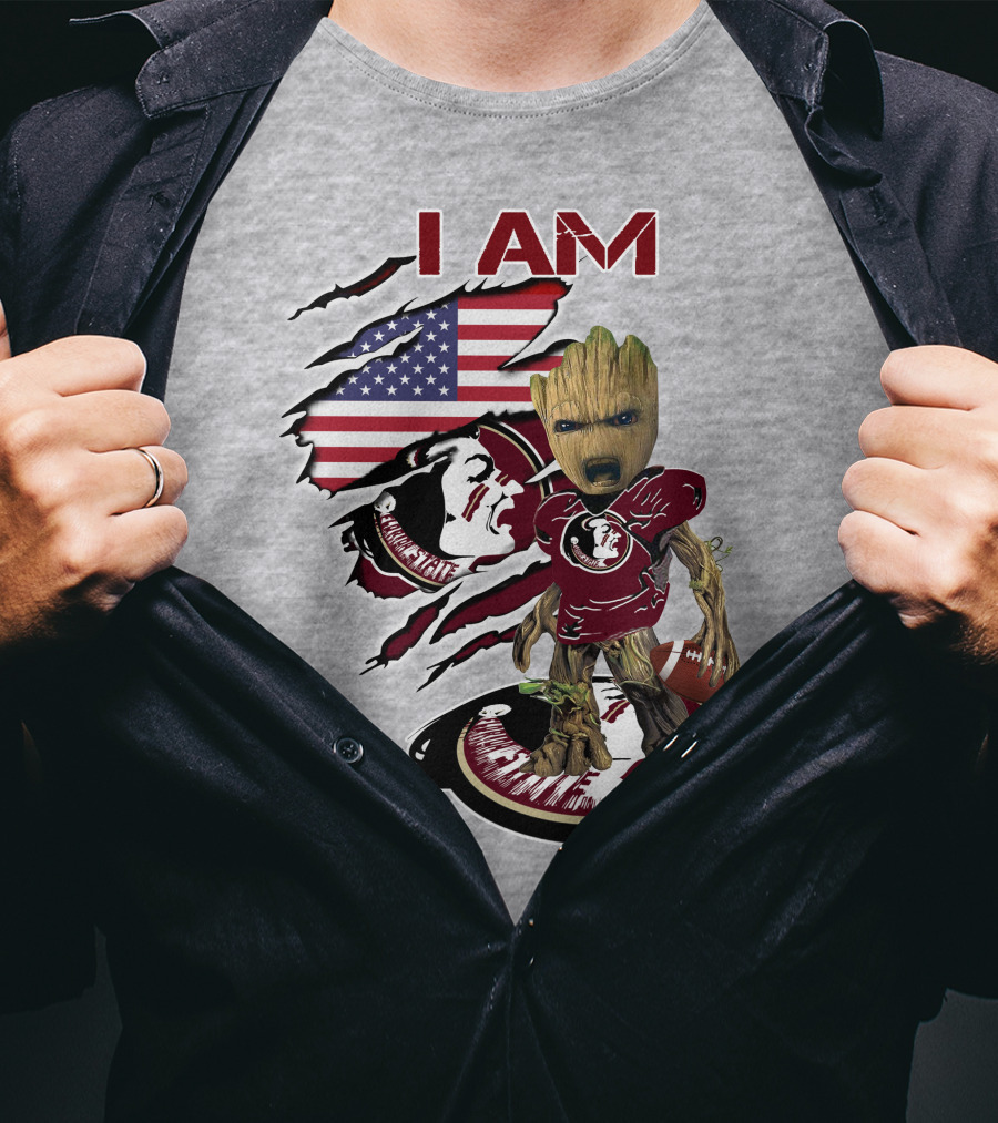 I AM Florida State Baby Groot Football American Flag T-Shirt