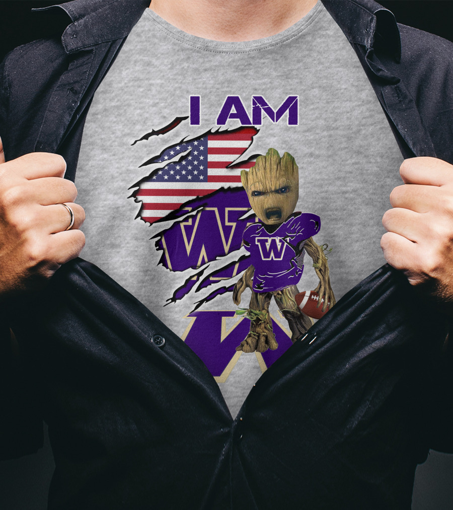 I AM Huskies Baby Groot Football USA Flag T-Shirt