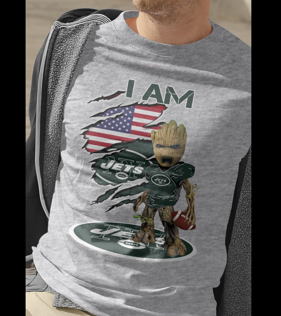 I Am Jets Baby Groot American Flag Football Fan T-Shirt