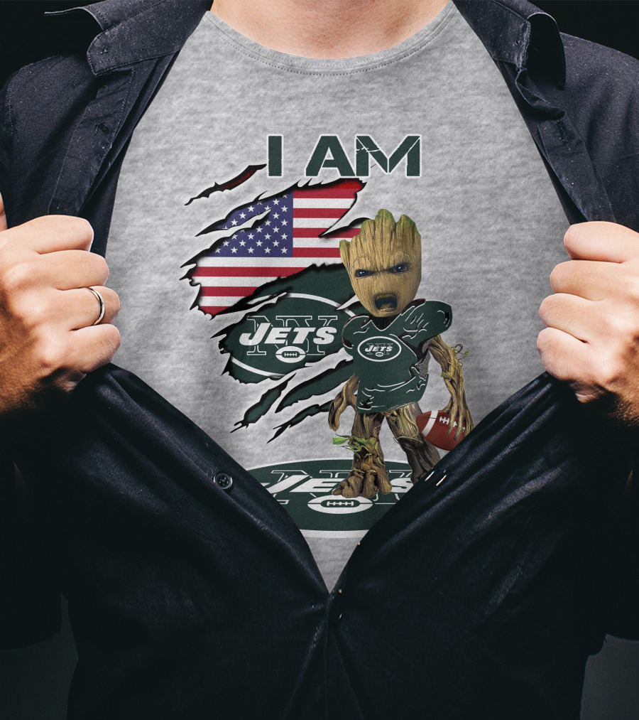 I Am Jets Baby Groot American Flag Football Fan T-Shirt