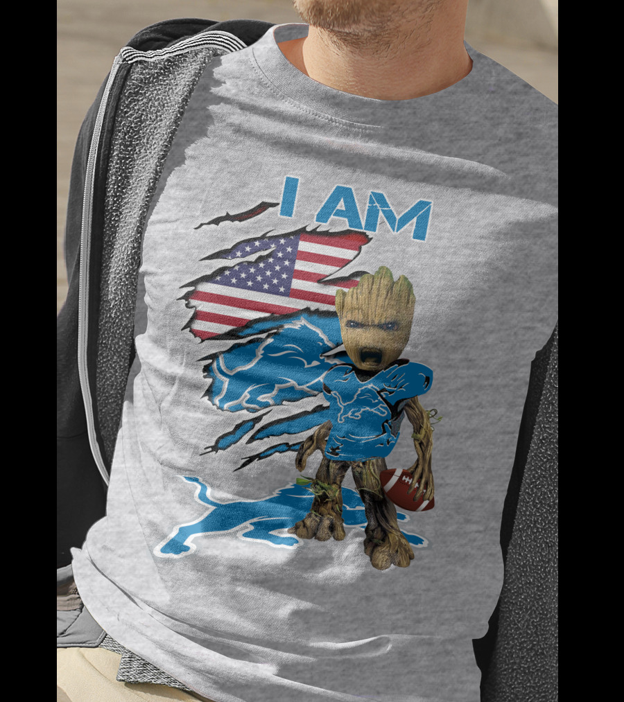 I Am Lions Baby Groot Football American Flag T-Shirt