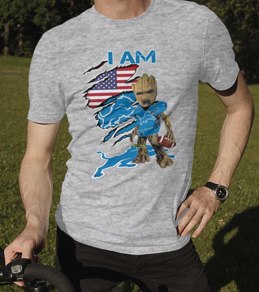 I Am Lions Baby Groot Football American Flag T-Shirt