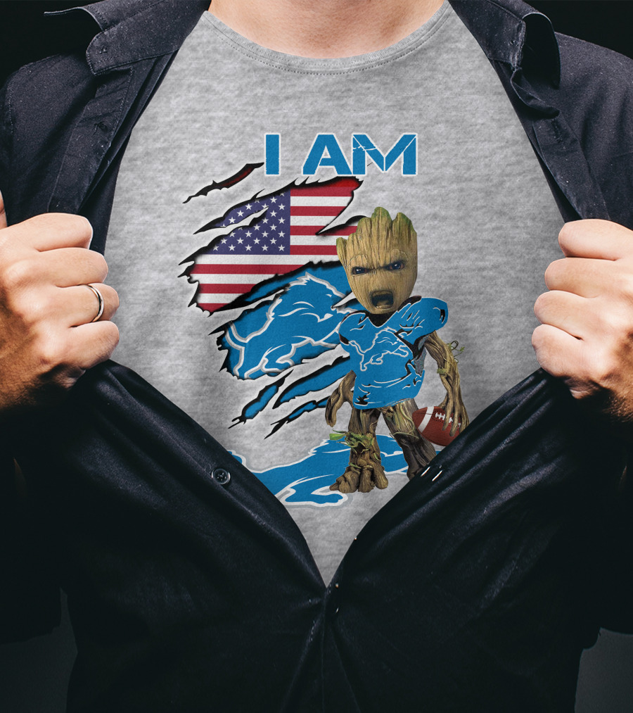 I Am Lions Baby Groot Football American Flag T-Shirt